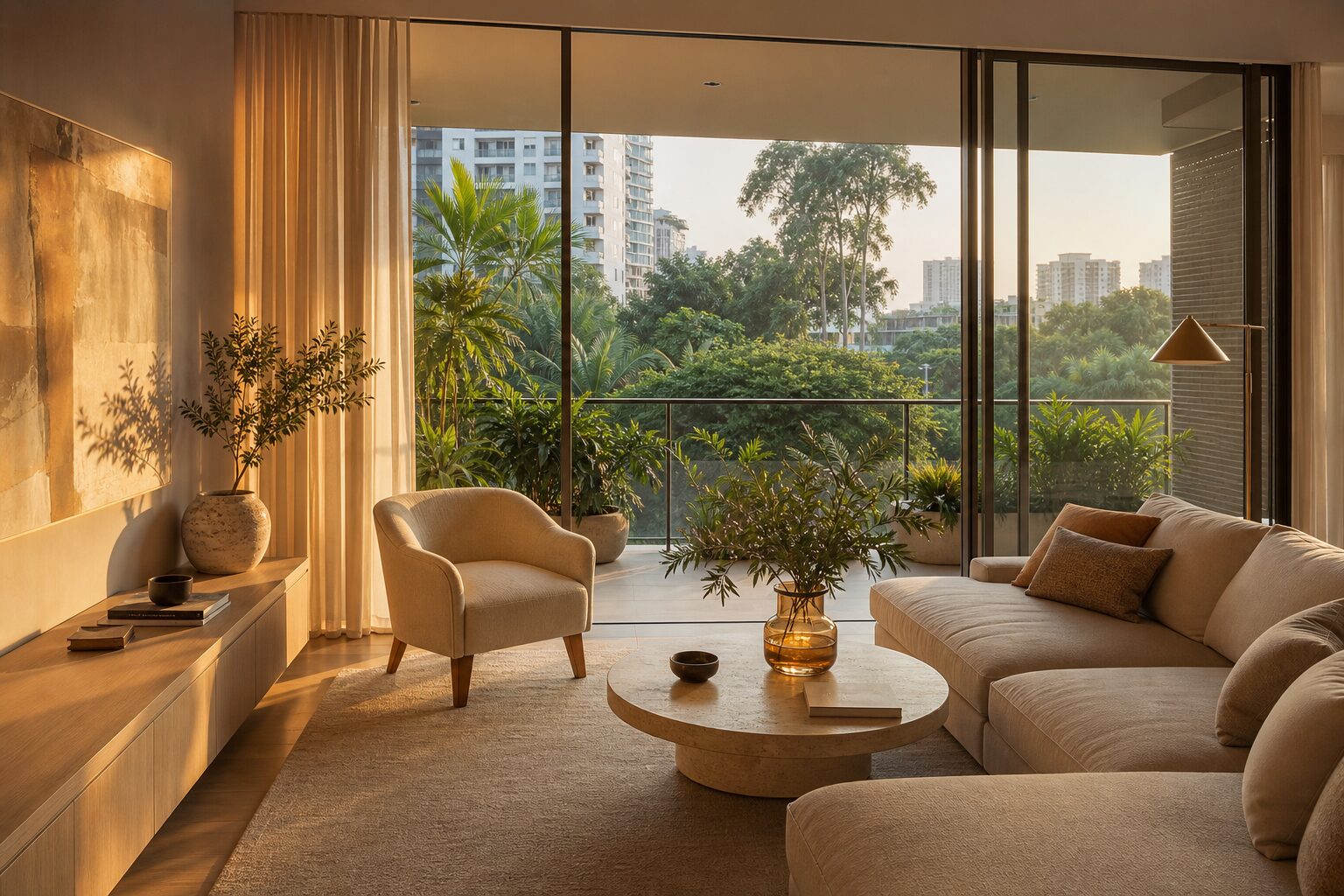 Warm Singapore condominium living room at golden hour